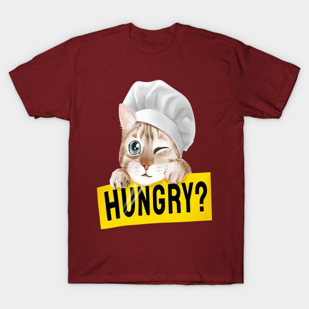 Cat in Chef hat Holding hungry sign T-Shirt by stark.shop